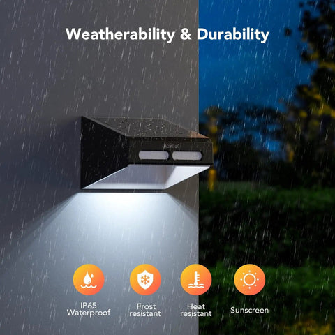 Solar Fence Lights 6 Pack With Warm White And RGB Color Glow Outdoor LED Wall Lights, shown durability in rain.