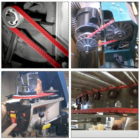 Adjustable Half Inch By Five Foot PU Linked V Belt A Type installed on lathe, table saw, and drill press for woodworking and farm use