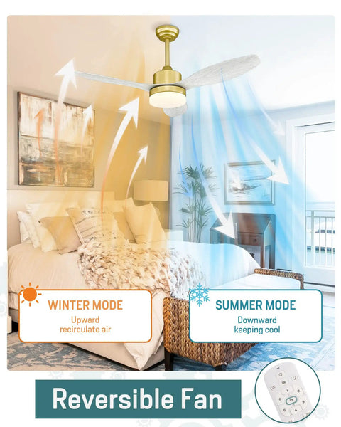 Gold Finish Ceiling Fan With Lights And Remote Control 48 Inch Indoor Outdoor Ceiling Fan demonstrating reversible modes