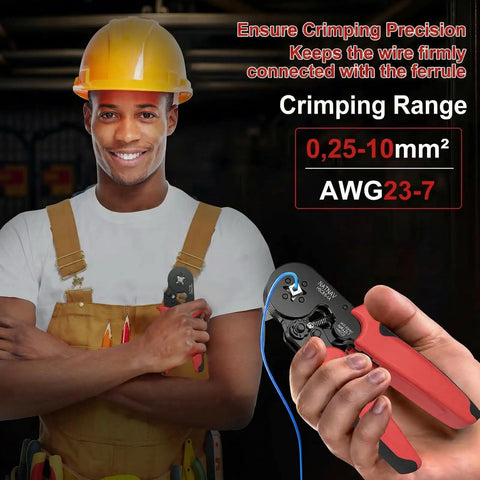 Premium Ferrule Crimping Tool Kit With 1300 PC Assorted Wire Terminals And Self Adjusting AWG 22 To 8 Gauge Crimper, red-handled crimper shown with 0,25-10mm² range