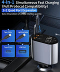 Retractable Car Charger With Four USB Ports Fast Charge Cable Built In Type C And Type A, 4-in-1 multi-port design for car use.
