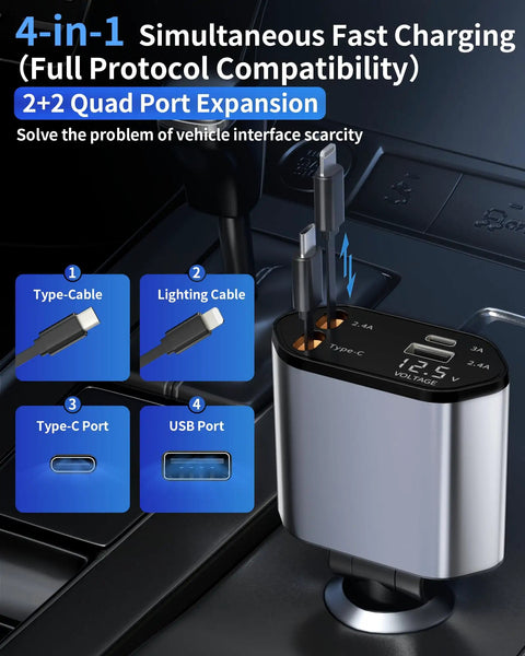 Retractable Car Charger With Four USB Ports Fast Charge Cable Built In Type C And Type A, 4-in-1 multi-port design for car use.