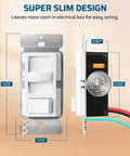 Two Pack Dimmer Light Switches Featuring Quiet Smooth Glide Slider And No Sweat Flicker Free Minimum Brightness Control With No Neutral Wire Required For Breezy Single Pole Or Three Way Install, showing dimensions.