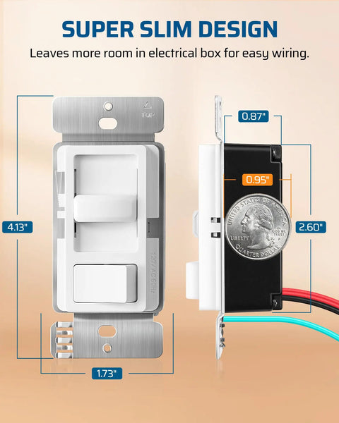 Two Pack Dimmer Light Switches Featuring Quiet Smooth Glide Slider And No Sweat Flicker Free Minimum Brightness Control With No Neutral Wire Required For Breezy Single Pole Or Three Way Install, showing dimensions.