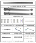 Hella Sturdy 3 Step Outdoor Handrail With Zero Sweat Diy Install Pack And Rugged 304 Stainless Steel Build For Porch Stairs On Concrete Brick Or Wood Planks Silver Finish Smooth Ride parts list showing stainless steel components and hardware.