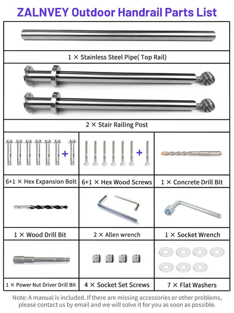 Hella Sturdy 3 Step Outdoor Handrail With Zero Sweat Diy Install Pack And Rugged 304 Stainless Steel Build For Porch Stairs On Concrete Brick Or Wood Planks Silver Finish Smooth Ride parts list showing stainless steel components and hardware.