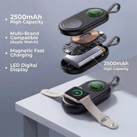 Ultra Compact 2500mAh Magnetic Wireless Charger with internal components, iWatch charging on table, 2-In-1 Fast Charging feature