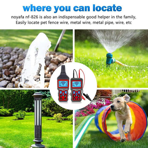 Collage showing Underground Cable Locator And All In One Wire Tracker Tool, garden sprinkler, and toy tunnel for dog.