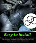 Radiator Hose and Coolant Tee Leak Repair Kit With O Ring Seals, T Pipe Engine Seal Set installed on Ford engine T-piece connector.