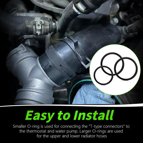 Radiator Hose and Coolant Tee Leak Repair Kit With O Ring Seals, T Pipe Engine Seal Set installed on Ford engine T-piece connector.