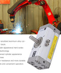 Aluminum Alloy Pneumatic Rotary Actuator With Rack Pinion Pendular Design in industrial setting next to welding robot.