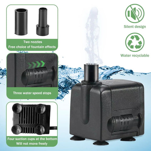 Electric pump for Cool Rock Style Bird Bath Fountain with nozzle tips and flow speed settings, promotes water recyclability.