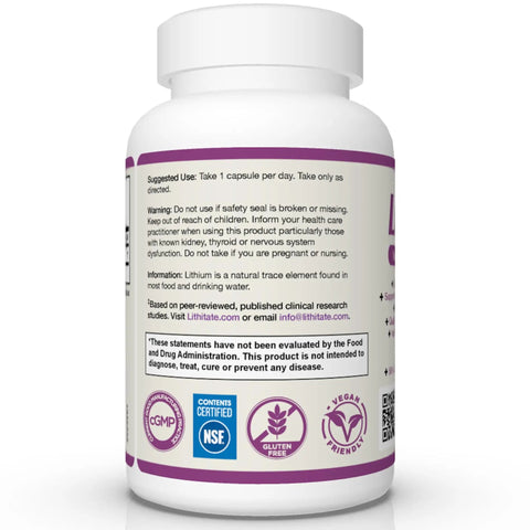 Lithium Aspartate 10mg Supplement For Brain Fuel And Cognitive Function As You Age, NSF certified, 100 count bottle back label view