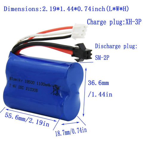 Blue Two Pack 7.4V 1100mAh Li Ion Rechargeable Battery with SM2P Plug dimensions for H101 H103 RC Boats and Cars