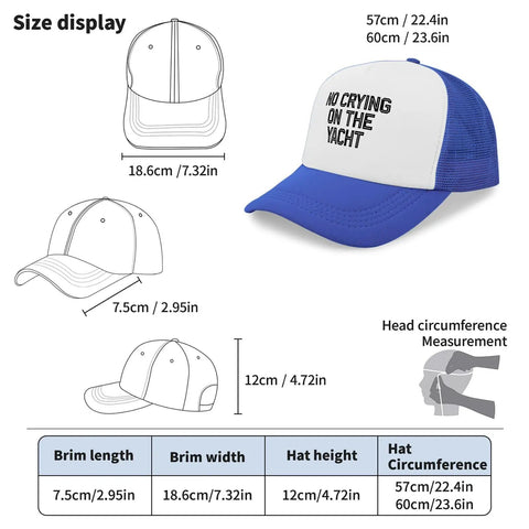 No Crying On The Yacht Distressed Lightweight Baseball Cap for Men and Women royal blue size guide displayed