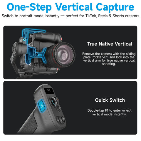 SCORP C2 Camera Gimbal Stabilizer With AI Tracking 4.0 showing front view and quick switch feature