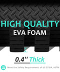 High-quality black EVA foam tiles in a stack, each 0.4 inches thick, suitable for home gym use under US safety standards.