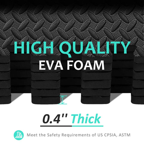 High-quality black EVA foam tiles in a stack, each 0.4 inches thick, suitable for home gym use under US safety standards.