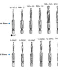 Combination Drill And Tap Bit Set For SAE And Metric Threads With Quick Change Adapter Covers SAE Six Thirty Two NC To One Quarter Twenty NC And Metric M Three To M Ten Pro Grade For Through And Blind Holes DIY Friendly For Any Job. 6 metric and SAE sizes