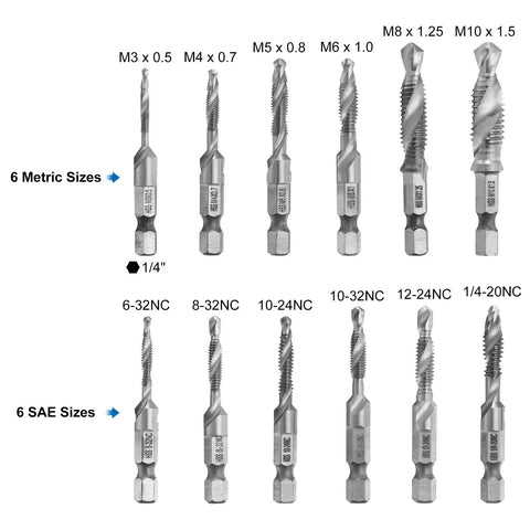 Combination Drill And Tap Bit Set For SAE And Metric Threads With Quick Change Adapter Covers SAE Six Thirty Two NC To One Quarter Twenty NC And Metric M Three To M Ten Pro Grade For Through And Blind Holes DIY Friendly For Any Job. 6 metric and SAE sizes