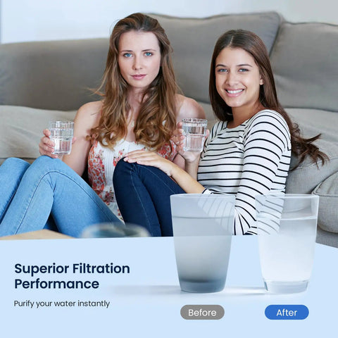 Two women holding glasses of water, superior filtration performance displayed, before and after water clarity comparison image.