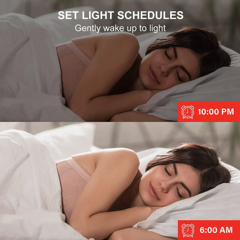 Woman sleeping at different times illustrating Smart BR30 LED Flood Light Bulbs Dimmable 650 Lumen 5000K 65W WiFi Only No Hub Required