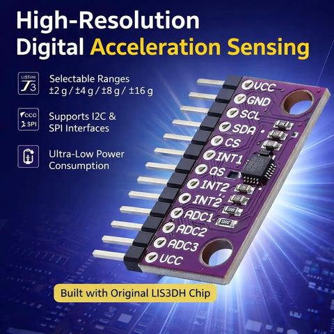 Six Pack LIS3DH 3 Axis MEMS Accelerometer Sensor Modules With I2C And SPI Interfaces, 1.71 To 3.6 V, High Resolution 3 Axis Acceleration, Selectable Ranges From 2G To 16G, Tilt And Motion Sensing For Robotics And IoT Projects, purple PCB module