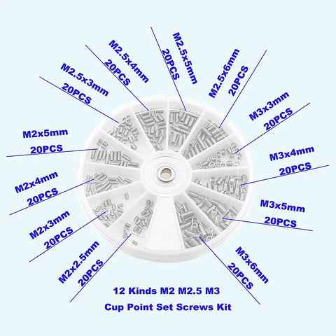 Top Shelf 304 Stainless Steel Assorted Cup Point Hex Socket Set Screws Kit 240 Piece Metric Grub Screw Pack M2 M2.5 M3 in organizer.