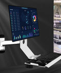 Rock Solid Full Motion Wall Mount Workstation With Adjustable Standing Desk System And Epic Ergonomic Monitor Arm With Keyboard Tray for Savage Home Office Setup Pure Fire, featuring a tilted monitor and keyboard tray.