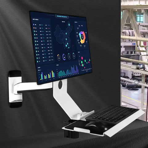 Rock Solid Full Motion Wall Mount Workstation With Adjustable Standing Desk System And Epic Ergonomic Monitor Arm With Keyboard Tray for Savage Home Office Setup Pure Fire, featuring a tilted monitor and keyboard tray.