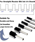Pro Grade Six Piece Straight Router Bit Set With One Quarter Inch Shank Carbide Tipped Two Flute Bits layout and features.