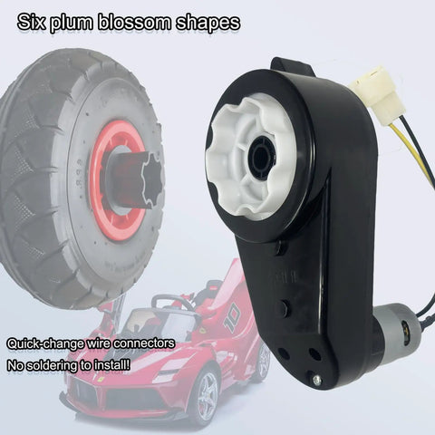 Two Pack 12V 550 Gearbox With 12000 RPM Motor For Ride On Cars Power Wheels High Speed RS550 Drive Engine Replacement Parts next to tire and toy car