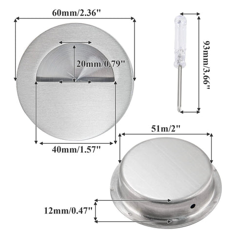 2 Pcs Round Hidden Flush Door Pulls Recessed Stainless Steel Handles in Brushed Nickel Finish with Screws and Mini Screwdriver 60mm Diameter Concealed Pull Hardware for Sliding Barn Doors Cabinets and Closets, displaying size measurements and included screwdriver.