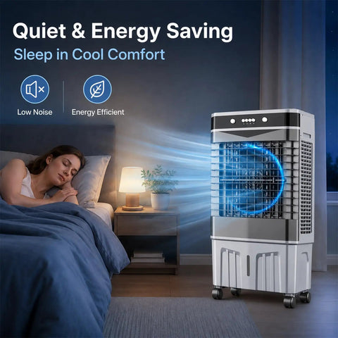 Top Notch Portable Evaporative Swamp Cooler Featuring Dual Side Cooling Pads And Generous Water Tank delivers cool air in bedroom.