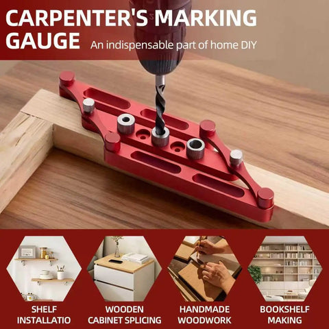 Heavy Duty Center Finder Gauge With Interchangeable Stainless Rods Rock Solid Self Centering Doweling Jig for drilling precise wood joinery.