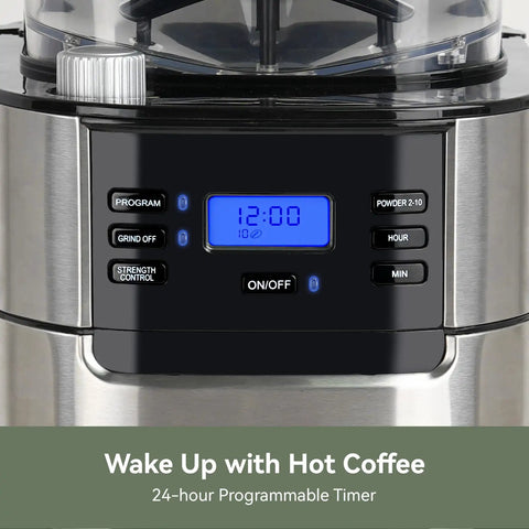 Control panel of Electric Coffee Grinder With 35 Grind Settings For Espresso, Drip, And French Press, with programmable timer
