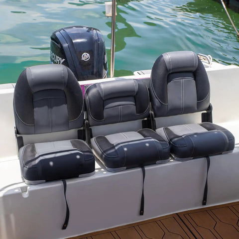 50 Inch Bass Boat Seats Folding Fishing Boat Chair Black Charcoal Marine Grade Vinyl Upholstery with Thick Foam Cushions installed