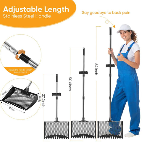 Heavy Duty 12 Inch 2-In-1 Chicken Poop Scooper And Rake With Ergonomic Grip Adjustable Angle shown with adjustable lengths and ergonomic handle.