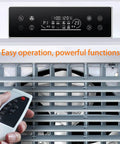 Portable Evaporative Swamp Cooler With Three Speed Settings And Nine Hour Timer remote control panel and fan blades for home garage use