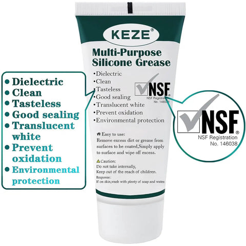 Front view of a tube of multi-purpose silicone grease with NSF approval and product features listed on the packaging.