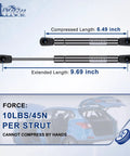 10 Inch 10 Lbs 45 Newton Gas Strut Lift Support Replacement Pair With Hardware Two Piece Set showing compressed and extended lengths.