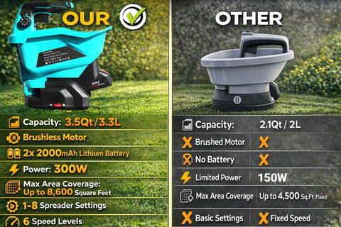 Comparison of Cordless Electric Fertilizer And Seed Spreader for lawns with 3.5Qt capacity and 21V brushless motor to other model