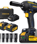 Cordless Impact Wrench With 1200 Newton Meters Breakaway Torque Half Inch Drive Brushless 21 Volt Power Tool Two 4Ah Batteries Four Speed Settings Five Sockets Heavy Duty Impact Driver For Cars Trucks Mowers