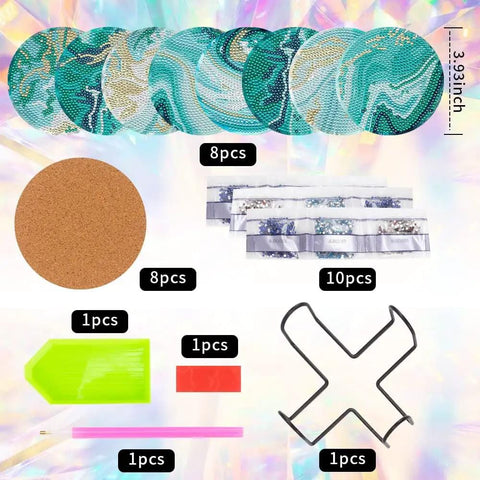 Image showing Diamond Art Coaster Set With Holder For DIY Craft Lovers, 8 Teal Marble Coasters With Cork Pads and Diamond Dot Supplies.
