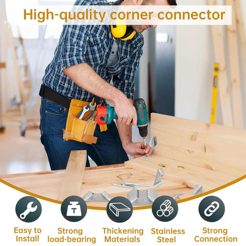 Man using 20 Pcs Stainless Steel Corner Connectors And Triangle Brackets For Wood Furniture Shelves Cabinets And Desks Includes Screws