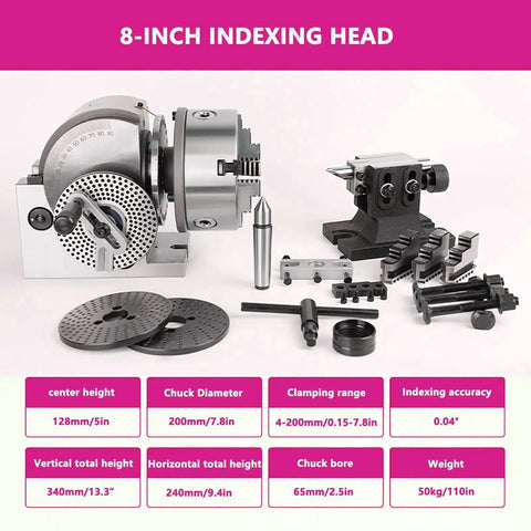 Rock Solid 8 Inch Adjustable 0 To 90 Degree Rotary Indexing Head With 3 Jaw Chuck And Tailstock Kit, detailed CNC milling setup.