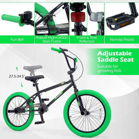 20 Inch Freestyle BMX Bike for Beginners With 360 Degree Handlebar, 4 Pegs, U Brake, Adjustable Seat, Heavy Duty High Carbon Steel Frame