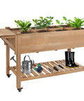 Mobile Raised Garden Bed With Lockable Wheels, Elevated Wood Planter With Storage Shelf And Protective Liner with plants and tools