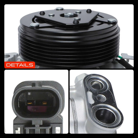 Heavy Duty AC Compressor With Clutch 7zse17 Specs Features showing six groove pulley and connection details.