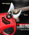Cordless Electric Pruning Shears With Upgraded 450W Brushless Motor cutting tree branch, showcasing high carbon steel blades.